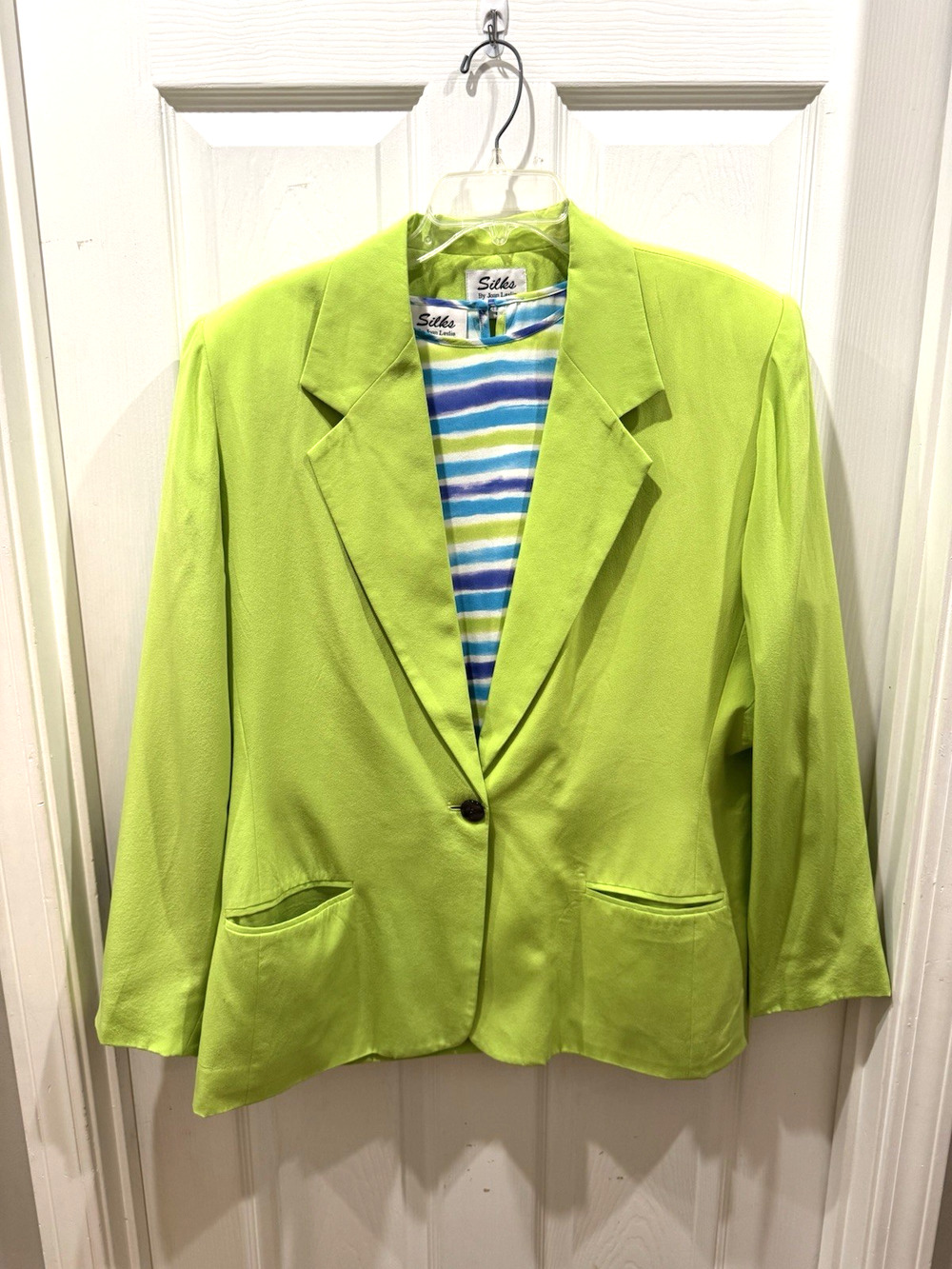 VTG Silks By Joan Leslie Blazer & Blouse Neon Green 100% Silk Womens Sz 16